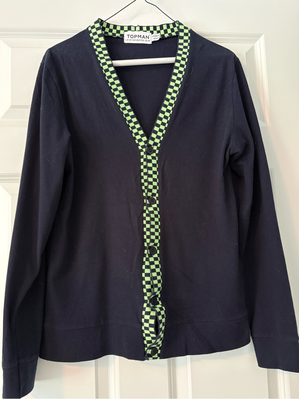 Topman Navy Blue Cardigan with Green Checker Trim